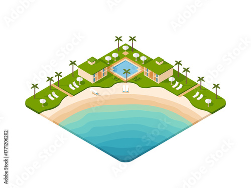 Isometric tropical islet, small palm resort with fountain pool, sandy beach edge, holiday relaxation scene, travel vector illustration