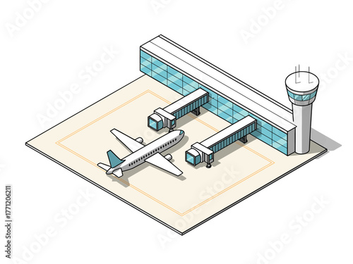 Isometric regional airport, compact terminal with two jet bridges, parked aircraft, watch tower, travel service facility, transport vector