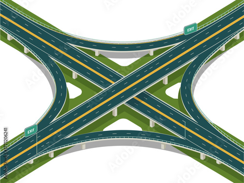 Isometric cloverleaf interchange, sweeping curved flyovers, multilane expressways crossing, green infield, city road engineering diagram, transport vector
