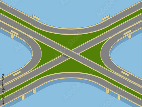 Isometric freeway interchange, diagonal ramps over grass medians, elevated bridges, complex roadway crossing, urban mobility concept, vector illustration