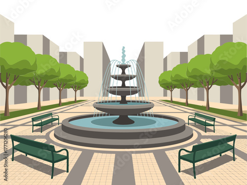 Urban park fountain scene, tree lined boulevard, benches around circular basin, cityscape background, public plaza illustration, vector