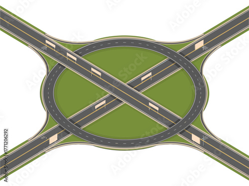 Isometric ring interchange, round center green with crossing highways, smooth flyover lanes, transportation network graphic, city road vector