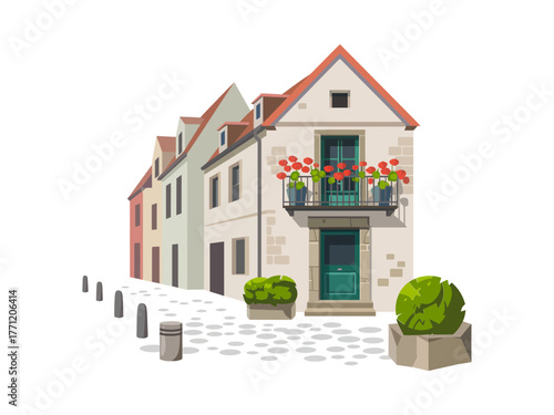 Old town street, row houses perspective, flower balcony details, cobblestone bollards, quaint alley atmosphere, cultural architecture, illustration, vector