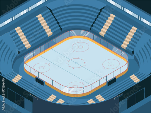 Indoor ice hockey arena illustration, rink markings, goal nets, blue seating tiers, illuminated scoreboard, winter sports venue