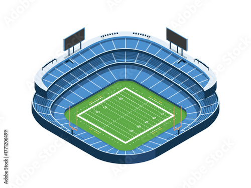 Isometric soccer stadium bowl, lush green pitch, electronic scoreboards, blue grandstands, modern football arena, detailed vector rendering