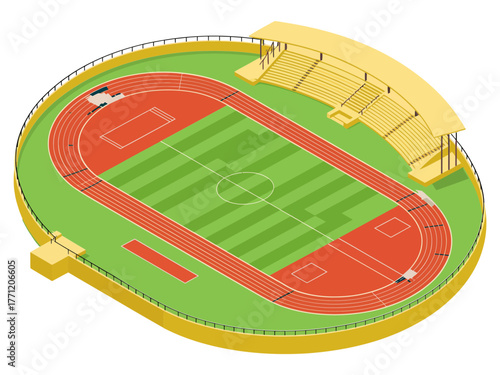 Oval running track stadium illustration, spectator stands with roof, green field center, modern athletics complex, training competition