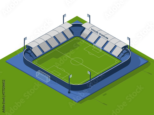 Isometric football stadium with green soccer pitch, grandstands and floodlights, urban sports arena, vector illustration, isolated