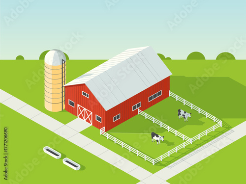 Farmstead with barn and metal silo, pasture fence, cows in field, countryside agriculture homestead, isometric landscape vector
