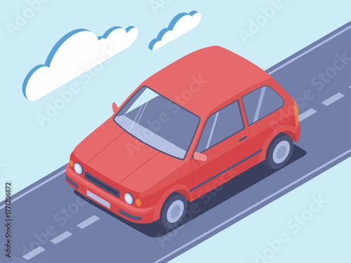 Red hatchback car on highway, isometric vehicle model, travel road scene, clouds background, urban transportation graphic vector