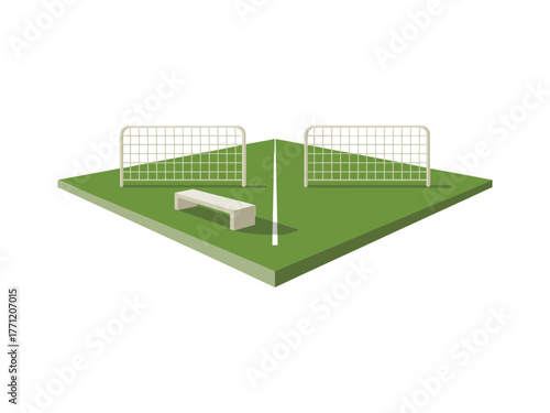 Isometric soccer practice field, two goal nets on grass, training area platform, sports facility graphic, clean vector illustration