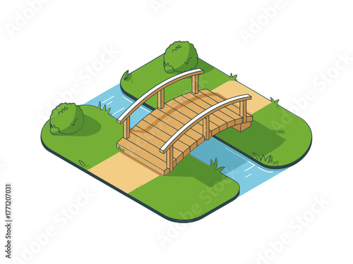 Isometric curved wooden bridge over canal, grassy banks with rocks, small crossings, tranquil park setting, clean vector illustration