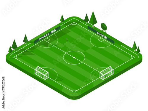 Isometric soccer field layout, green turf with markings, small training goals, corner flags, stadium grass pitch vector