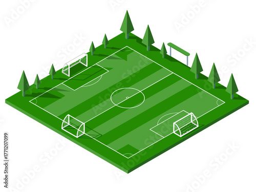 Forest edge soccer ground, isometric training field, pine trees surrounding corners, touchlines visible, weekend community sports vector