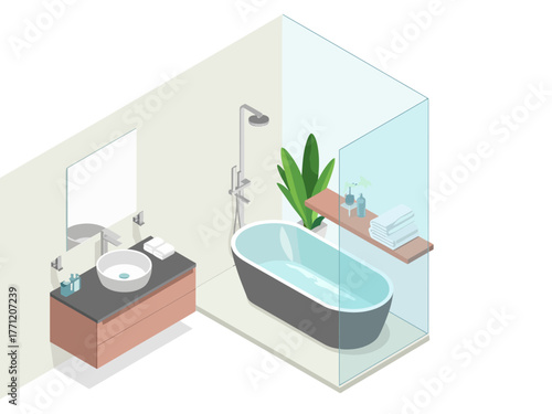 Isometric bathroom corner, oval soaking tub, double sink vanity, glass partition, wall mirror, leafy plant, serene relaxation
