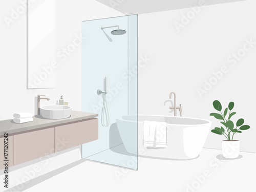 Bright contemporary bathroom, glass shower enclosure, freestanding tub, floating vanity cabinet, indoor plant, spa style home interior