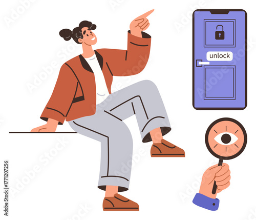 Woman sitting and pointing at locked door with unlock sign, magnifying glass with eye examining. Ideal for solution search, exploration, innovation, focus, access, guidance decision-making. Simple