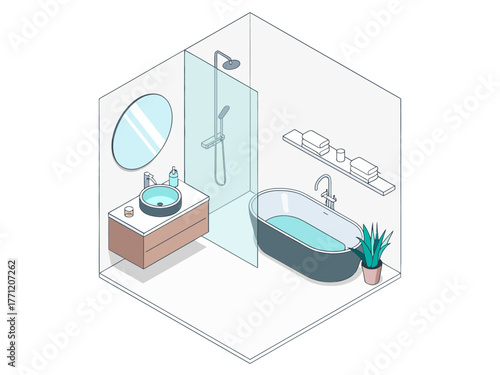 Modern bathroom isometric cube, corner shower, curved tub with faucet, floating sink, round mirror, minimal elegant design