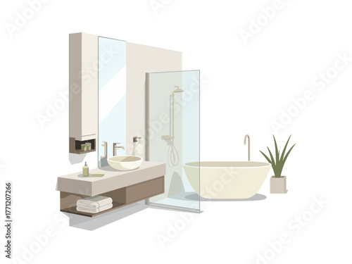 Stylish bathroom interior, pedestal sink and freestanding tub, glass divider, large mirror, potted plant, airy contemporary space