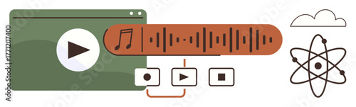Multimedia player interface with play button, audio waveform, video icons. Atom graphic and cloud represent knowledge, creativity, and science. Ideal for education, innovation, digital media