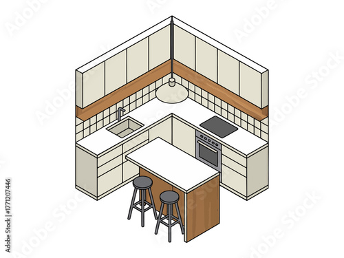 Compact U shaped kitchen, white cabinets, wooden counters, breakfast island with stools, tiled backsplash, modern apartment renovation