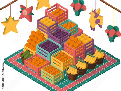 Festival produce display, isometric fruit crates pyramid, hanging star decorations, colorful bunting, seasonal market stall scene, vector illustration