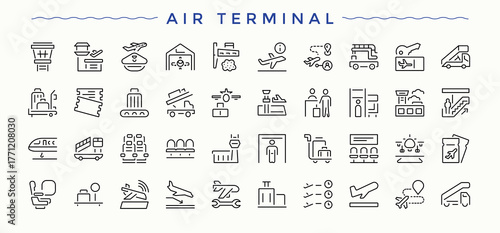 Air Terminal modern icon set. Modern vector UI icons. Contain linear symbols air, fly, airport, flight, tour. Editable stroke collections. Tourism icon set.