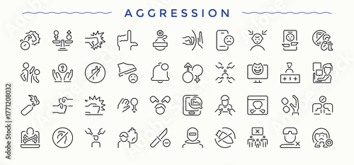 Aggression vector line icon set. Vector outline icons collection. Pictogram and infographic. Aggressive vector icon set. Contain linear sign anger, reaction, attack, aggressive, angry and more.