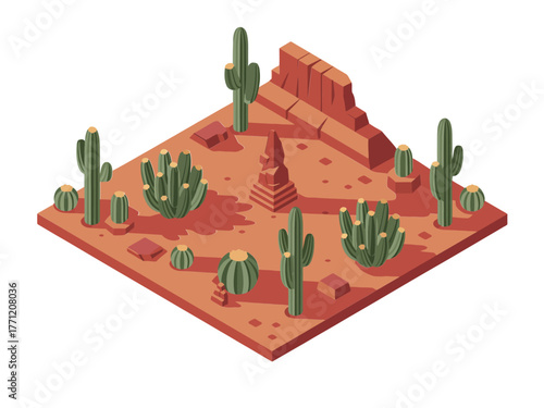 Desert oasis plateau tile, various cactus plants, rocky mounds and dunes, sand texture, western wilderness scene, vector graphic