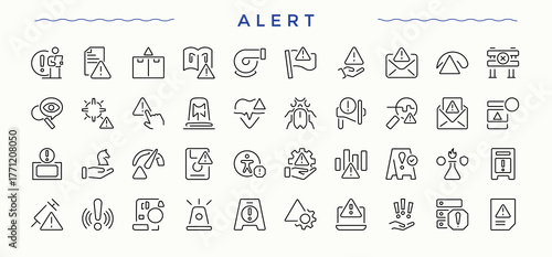 Alerts line icon set. Contain linear sign signal, attention, hazard, caution, safety, exclamation, warn and more. Outline icons pack. Pixel perfect. Editable stroke. Warning icon set.
