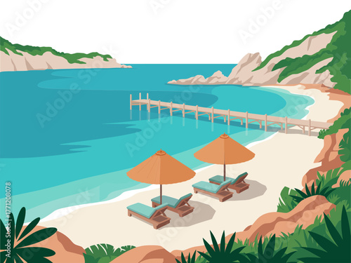 Tropical beach resort, turquoise sea with long pier, parasol umbrellas and loungers, forested cliffs, summer travel illustration, vector