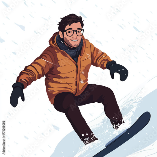 Snowboarder enjoying winter sports with glasses and warm clothes on the mountain