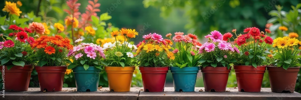 Fototapeta premium A cheerful scene of overflowing potted plants bursting with vibrant blooms, signifying the joy and abundance of a thriving garden , bright, vibrant colors