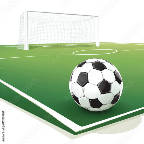 Soccer Ball and Goal on Green Field Vector Illustration of Sport