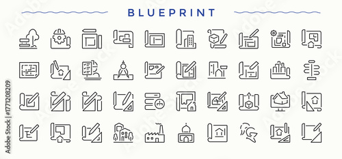 Blueprint icon set. UI icons set in a thin style. Editable stroke vector art. Blueprint simple icon set. Contain linear sign architecture, plan, house, drawing, design and more.
