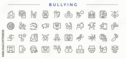 Bullying linear icon collection. Includes thin line symbols hate, sex, disgust, sexual and more. Assault icon set. Isolated icons. Pixel perfect. Editable vector.