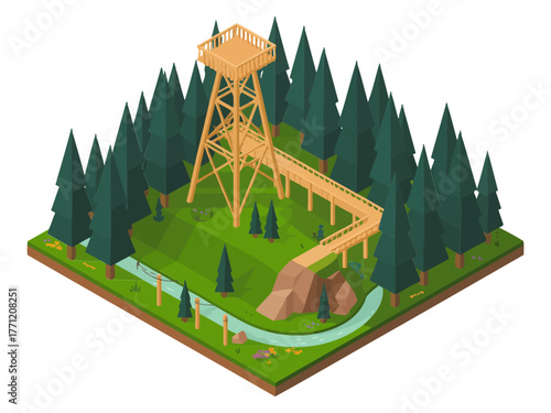 Elevated wooden canopy walkway, forest observation tower, hillside path, nature reserve, eco tourism adventure, scenic landscape vector illustration