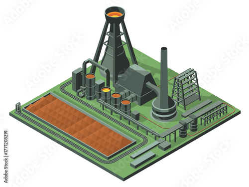 Industrial steel plant complex, blast furnace structures, chimneys and pipes, manufacturing facility, heavy industry landscape, factory vector illustration
