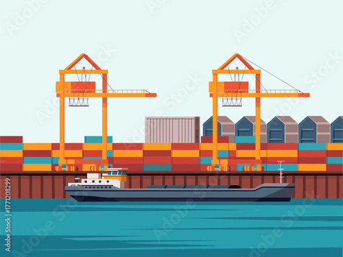 Container port harbor scene, cargo cranes loading, dock warehouses, freight ship channel, logistics transport hub, maritime industry vector