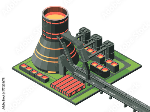 Thermal power station, cooling tower stack, conveyor belt loading, generator buildings, industrial energy production site, infrastructure vector illustration