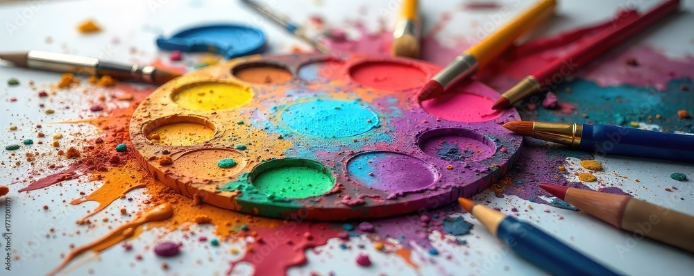 custom made wallpaper toronto digitalA vibrant paint palette explodes with color, brushes scattered nearby, suggesting an artistic passion in full creation , bright, materials, tone