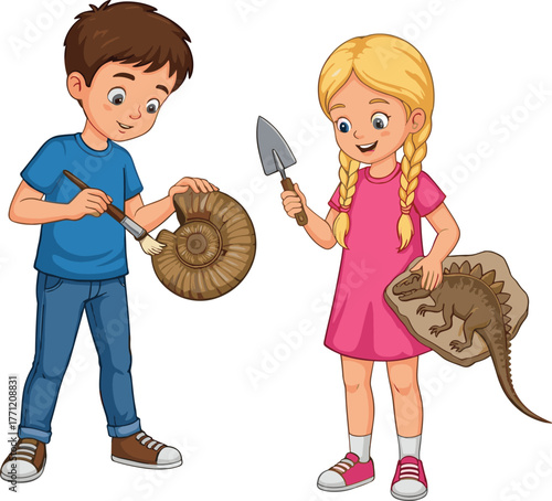 Children exploring fossils with brush and trowel in archaeology site, paleontology science discovery, cad drawing flat vector illustration