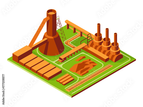 Large refinery complex, orange process units, storage tanks and chimneys, manufacturing plant, industrial production facility, detailed vector illustration