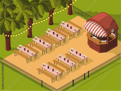 Outdoor beer garden layout with tables and benches, food kiosk, fenced park under trees, festival gathering illustration