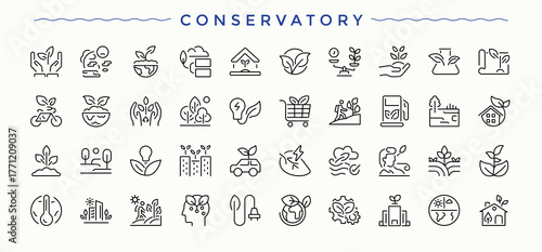 Conservatory vector line icon set. Thin line icons set. Earth linear icon collection. Containing earth, energy, global, environmental, house, pollution and more.