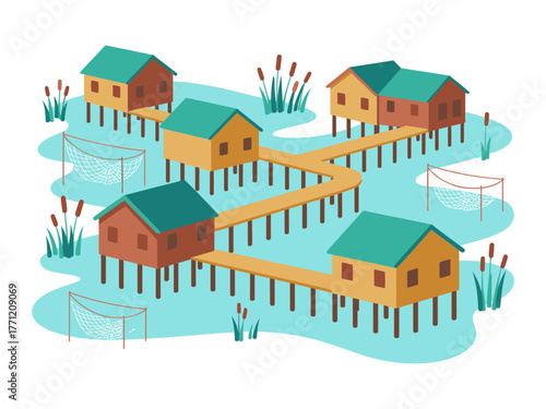 Stilt house village, wooden huts over water, boardwalk bridges, fishing nets, wetland community, tropical lagoon living, isometric vector
