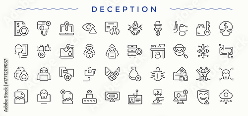 Deception linear icon collection. Hacker icon. Line symbol and sign. Includes symbols for crime, hack, cyber, fraud, attack. Pixel perfect. Vector illustration.