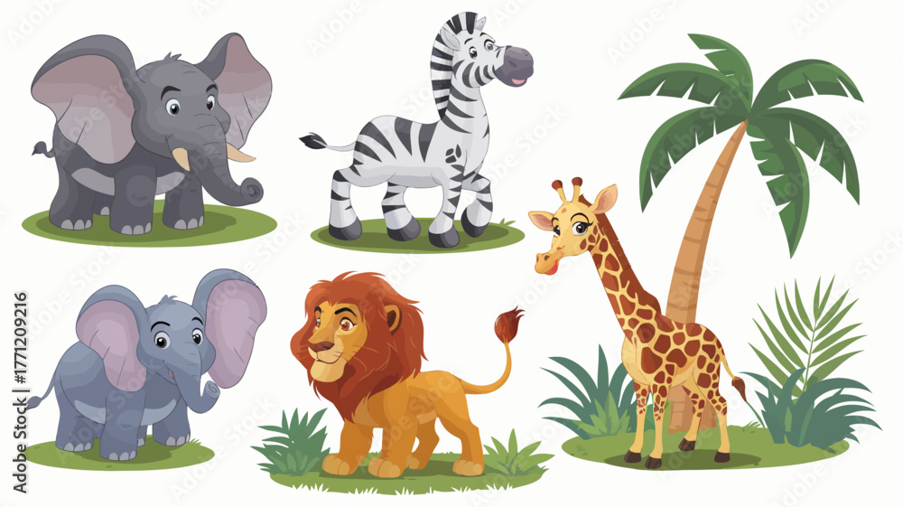 Naklejka premium African wildlife illustration featuring elephant, zebra, giraffe, and tropical plants on green grass, vibrant jungle-themed vector art for education, children, and nature design projects.