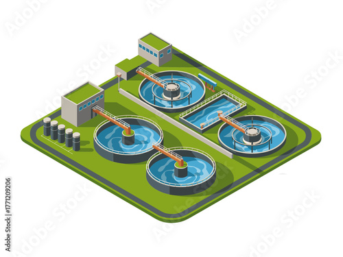 Wastewater treatment plant, circular clarifier tanks, aeration basins, industrial utilities, clean water process, environmental infrastructure, isometric engineering vector