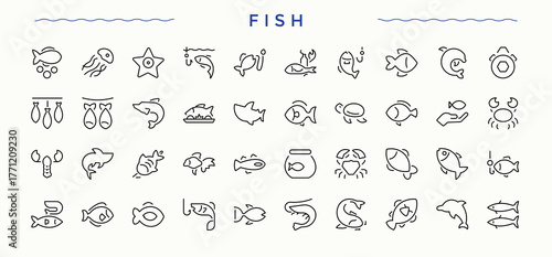 Fish And Seafood icon. Contains outline symbols like fish, food, animal, restaurant and more. Seafood vector line icon set. Collection of simple line web icons. Editable stroke.