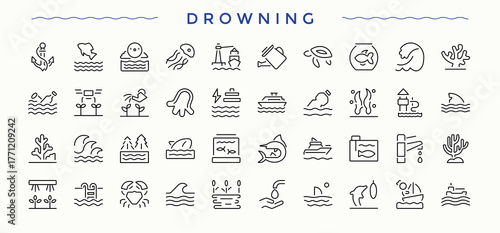 Drowning vector line icon set. Sea minimal icons pack. Modern vector UI icons. Ocean icon set. Editable vector.
